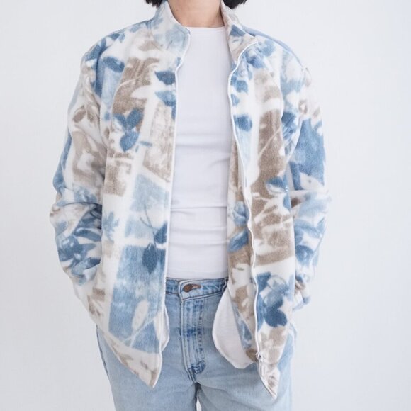 Alfred Dunner White Blue Floral Fleece Outdoor Zip Up Sweater Xl - Picture 1 of 11